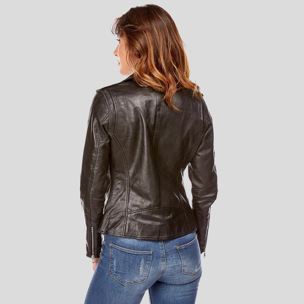 Mya Black Biker Leather Jacket - Shearling leather