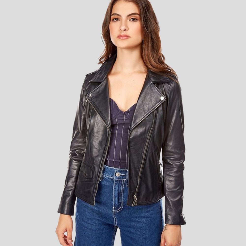 Mya Black Biker Leather Jacket - Shearling leather