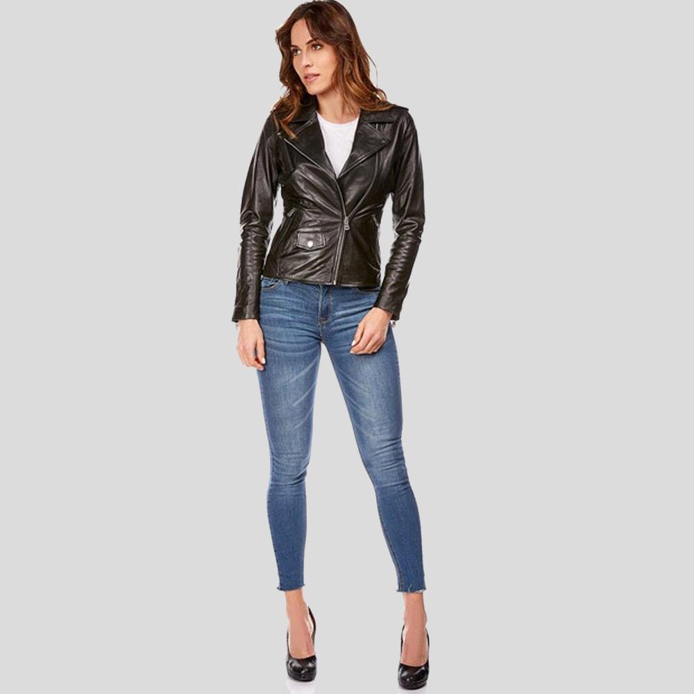Mya Black Biker Leather Jacket - Shearling leather
