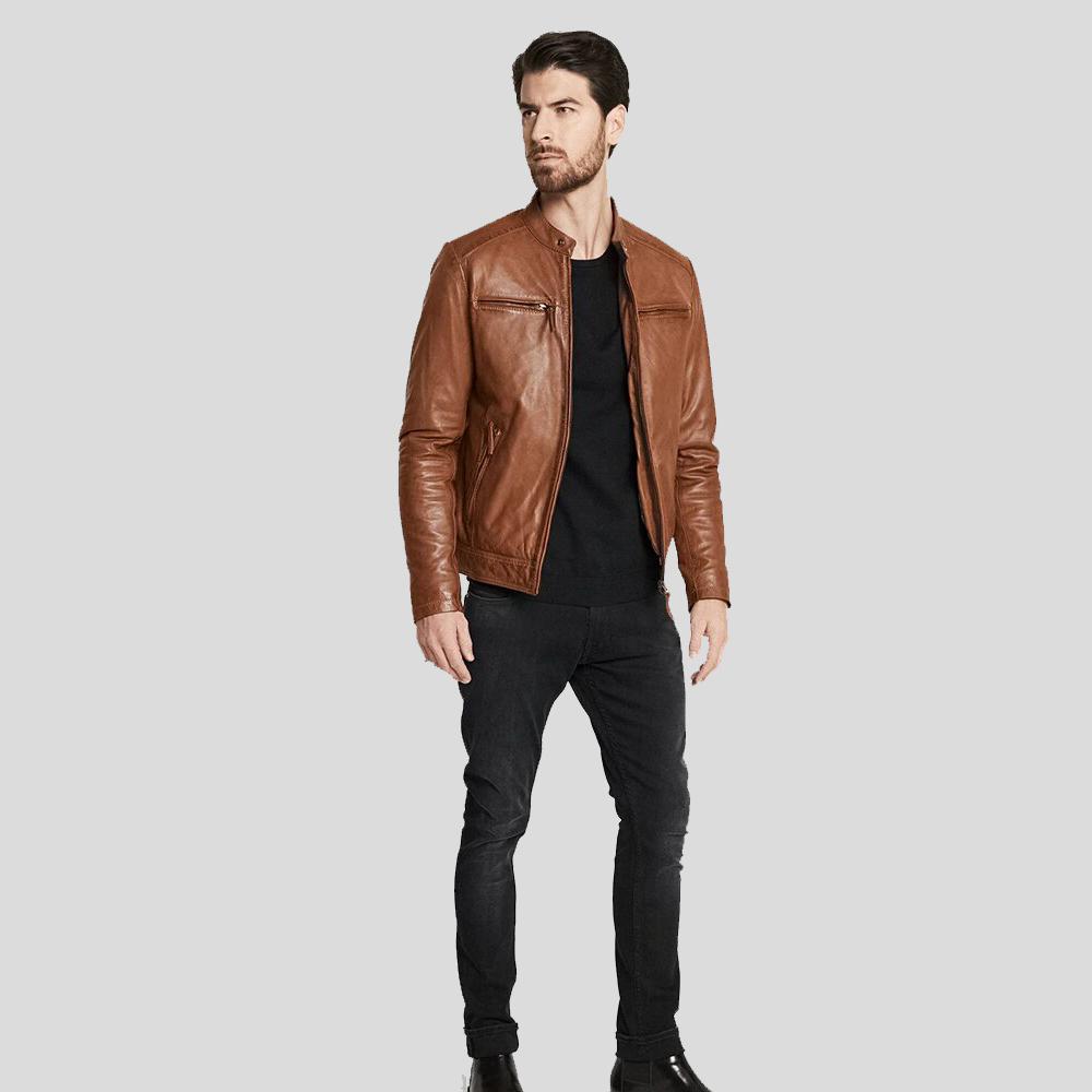 Ollie Brown Biker Leather Jacket - Shearling leather