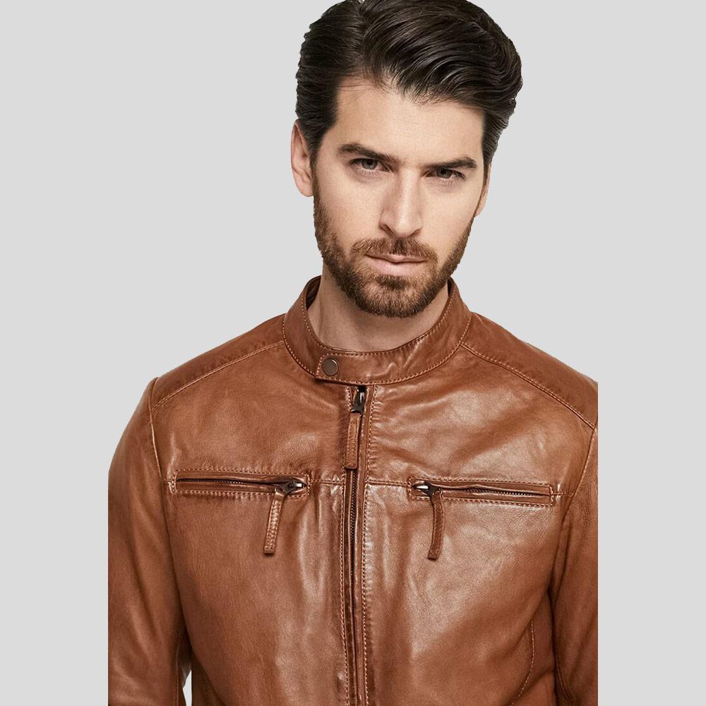 Ollie Brown Biker Leather Jacket - Shearling leather