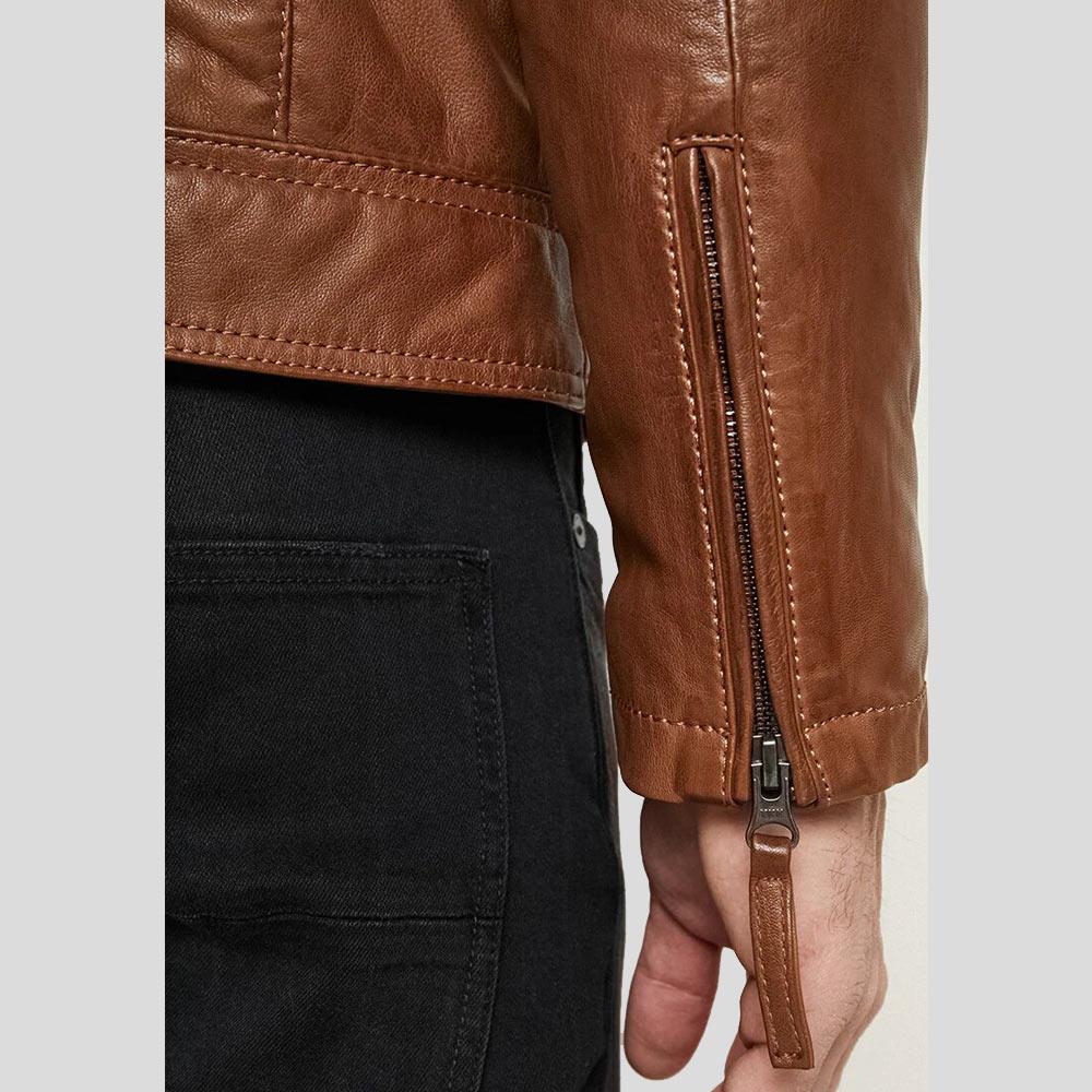 Ollie Brown Biker Leather Jacket - Shearling leather