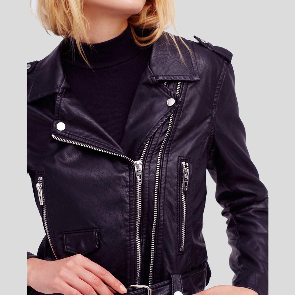 Sara Black Biker Leather Jacket - Shearling leather