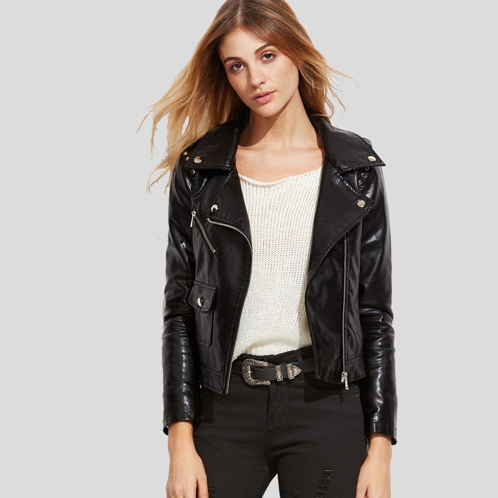 Scarlett Black Biker Leather Jacket - Shearling leather