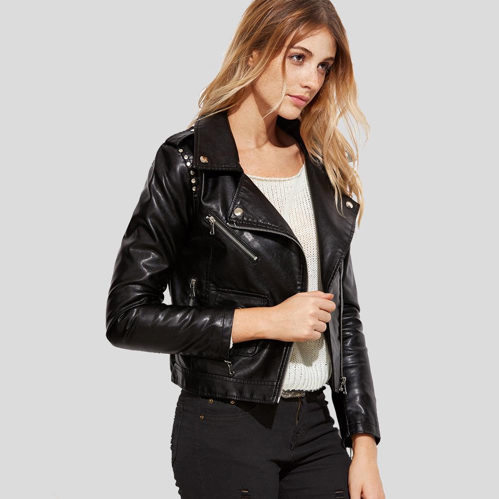 Scarlett Black Biker Leather Jacket - Shearling leather