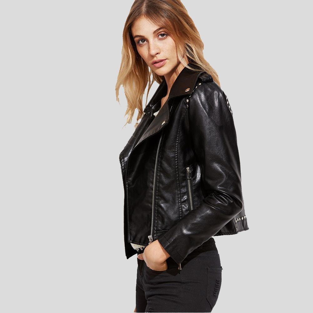 Scarlett Black Biker Leather Jacket - Shearling leather