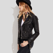 Load image into Gallery viewer, Sienna Black Biker Leather Jacket - Shearling leather
