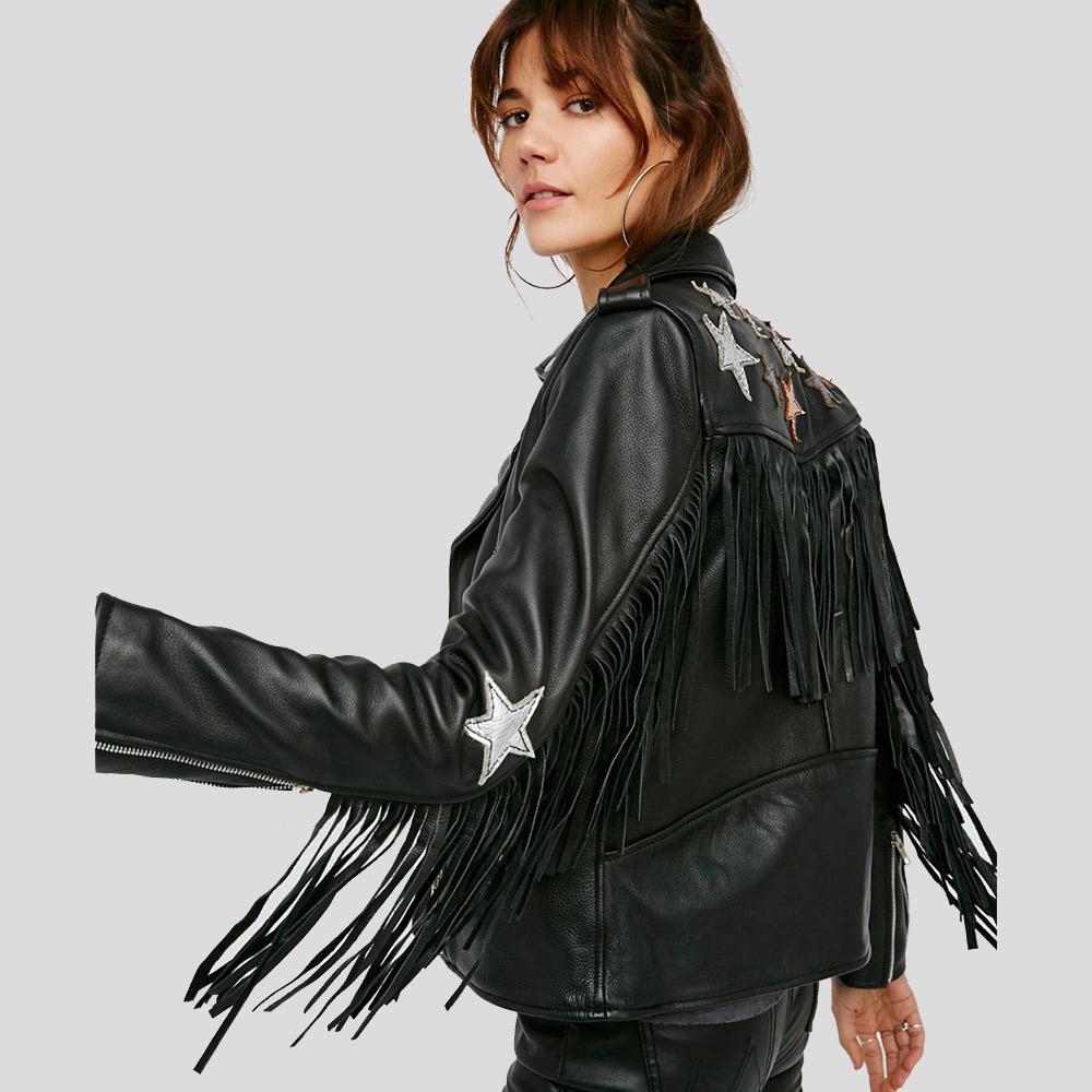 Sloane Black Biker Leather Jacket Tassels - Shearling leather