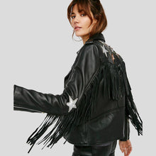 Load image into Gallery viewer, Sloane Black Biker Leather Jacket Tassels - Shearling leather
