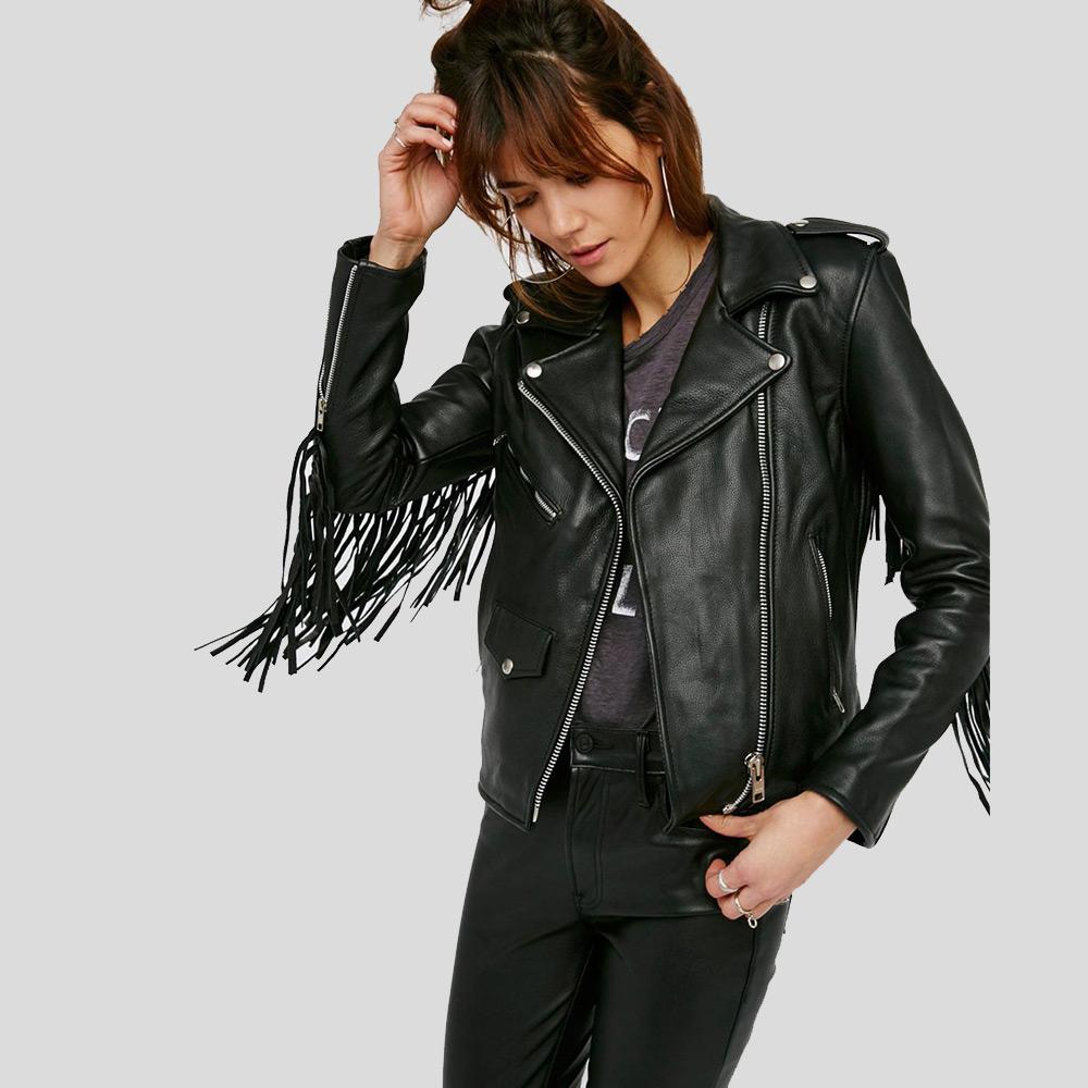 Sloane Black Biker Leather Jacket Tassels - Shearling leather