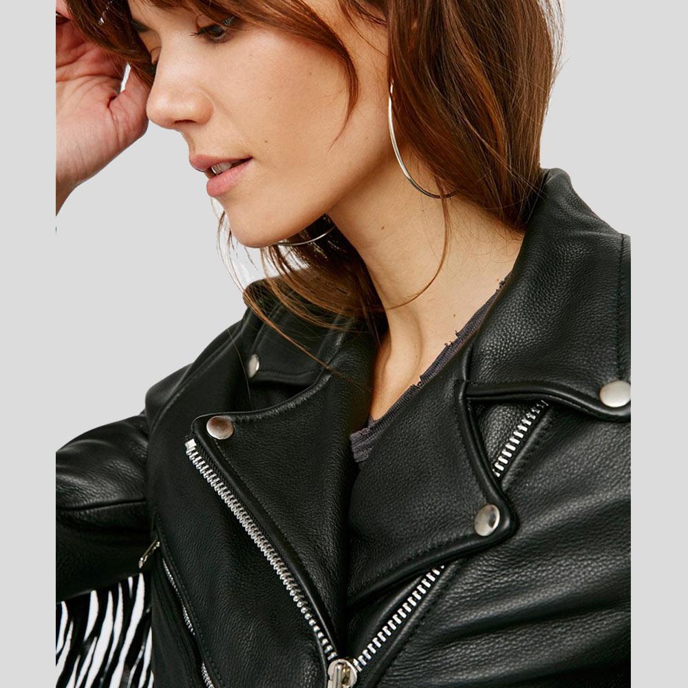 Sloane Black Biker Leather Jacket Tassels - Shearling leather