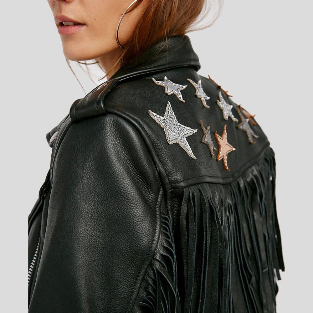 Sloane Black Biker Leather Jacket Tassels - Shearling leather