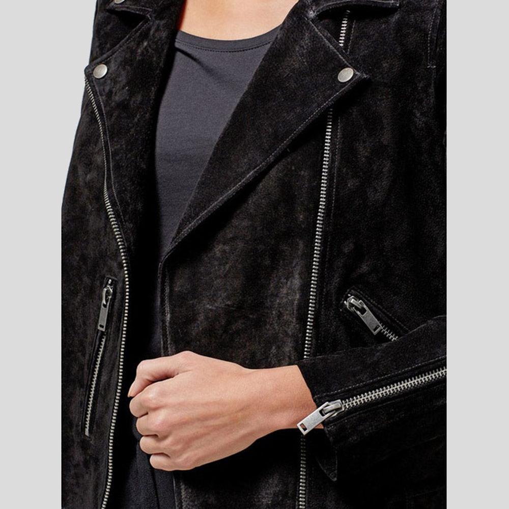 Gracie Black Suede Biker Leather Jacket - Shearling leather
