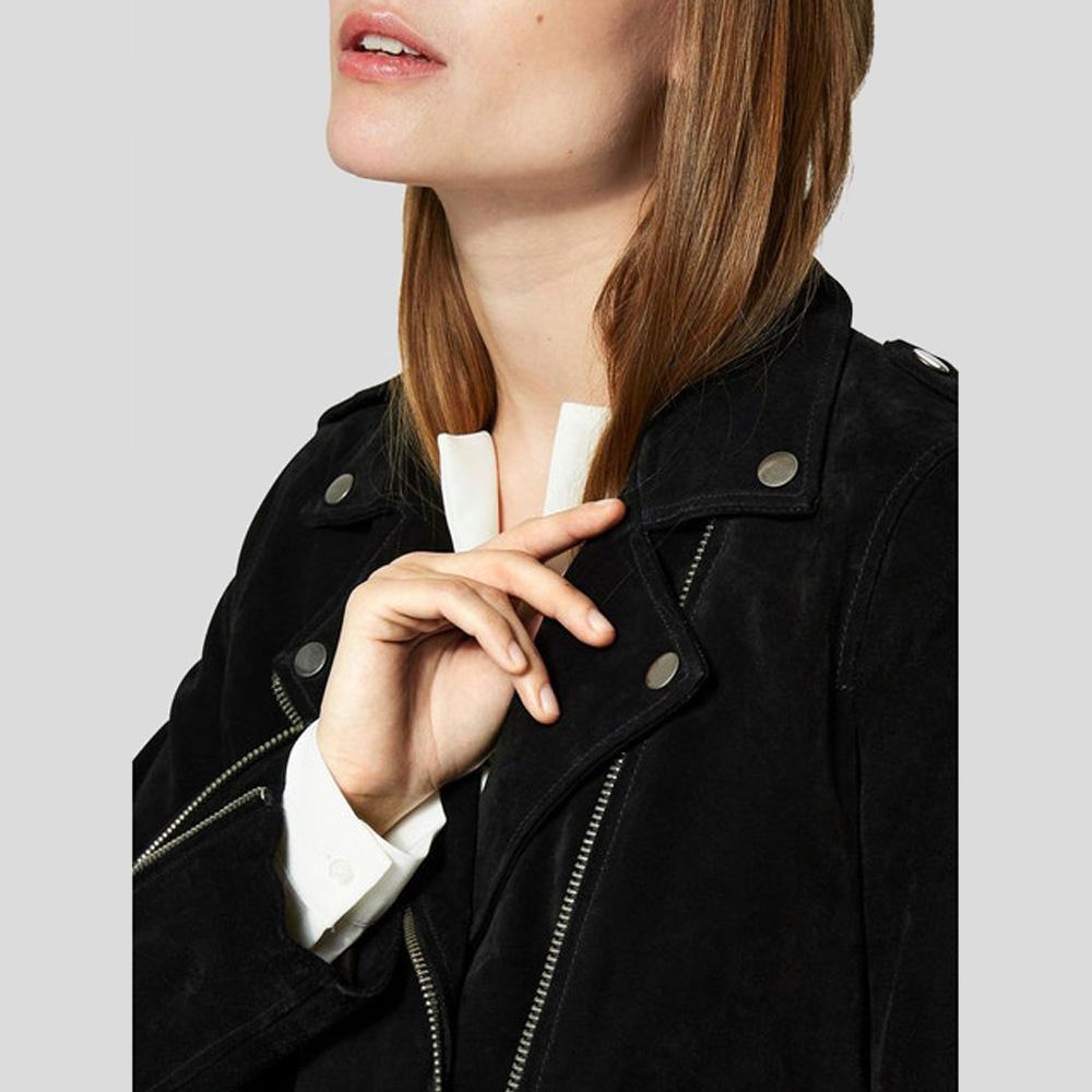 Gracie Black Suede Biker Leather Jacket - Shearling leather