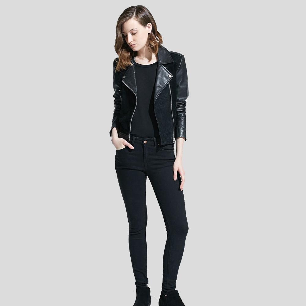 Mia Black Biker Leather Jacket - Shearling leather