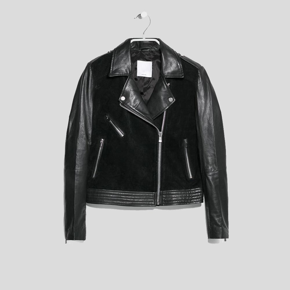 Mia Black Biker Leather Jacket - Shearling leather
