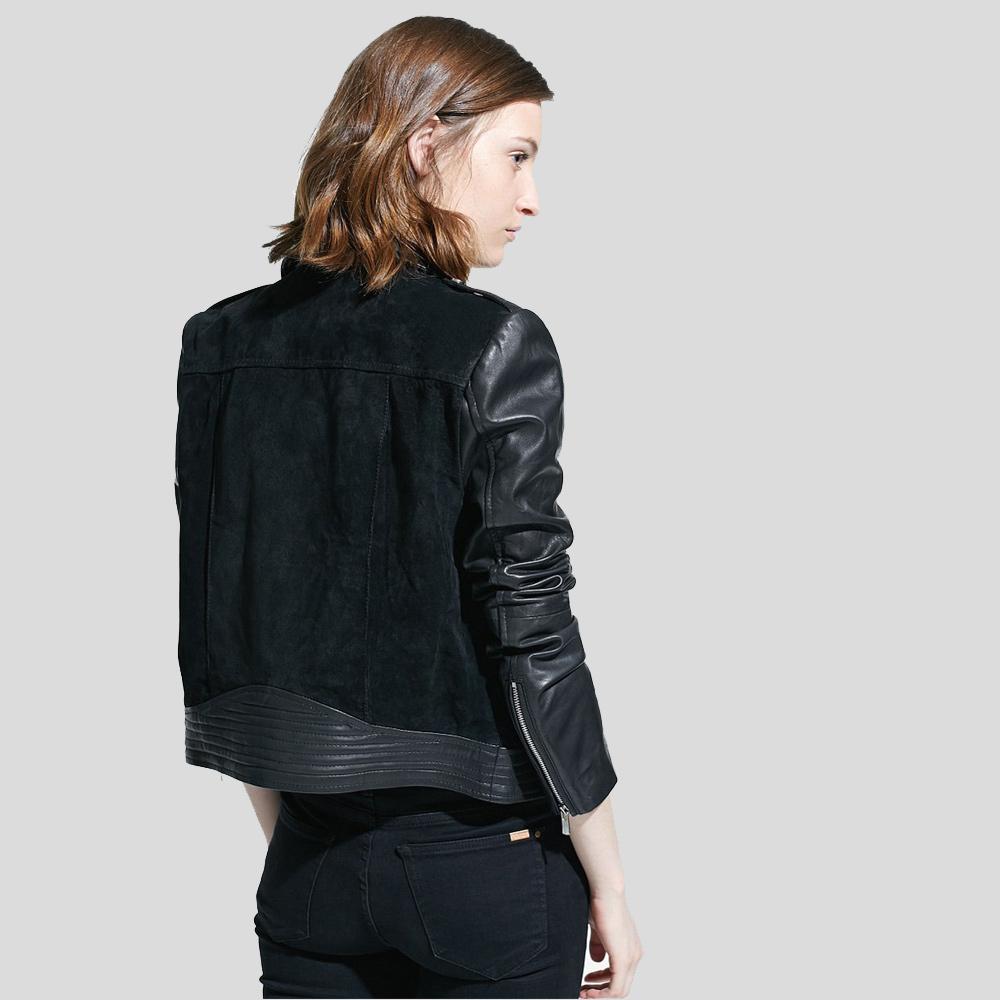Mia Black Biker Leather Jacket - Shearling leather
