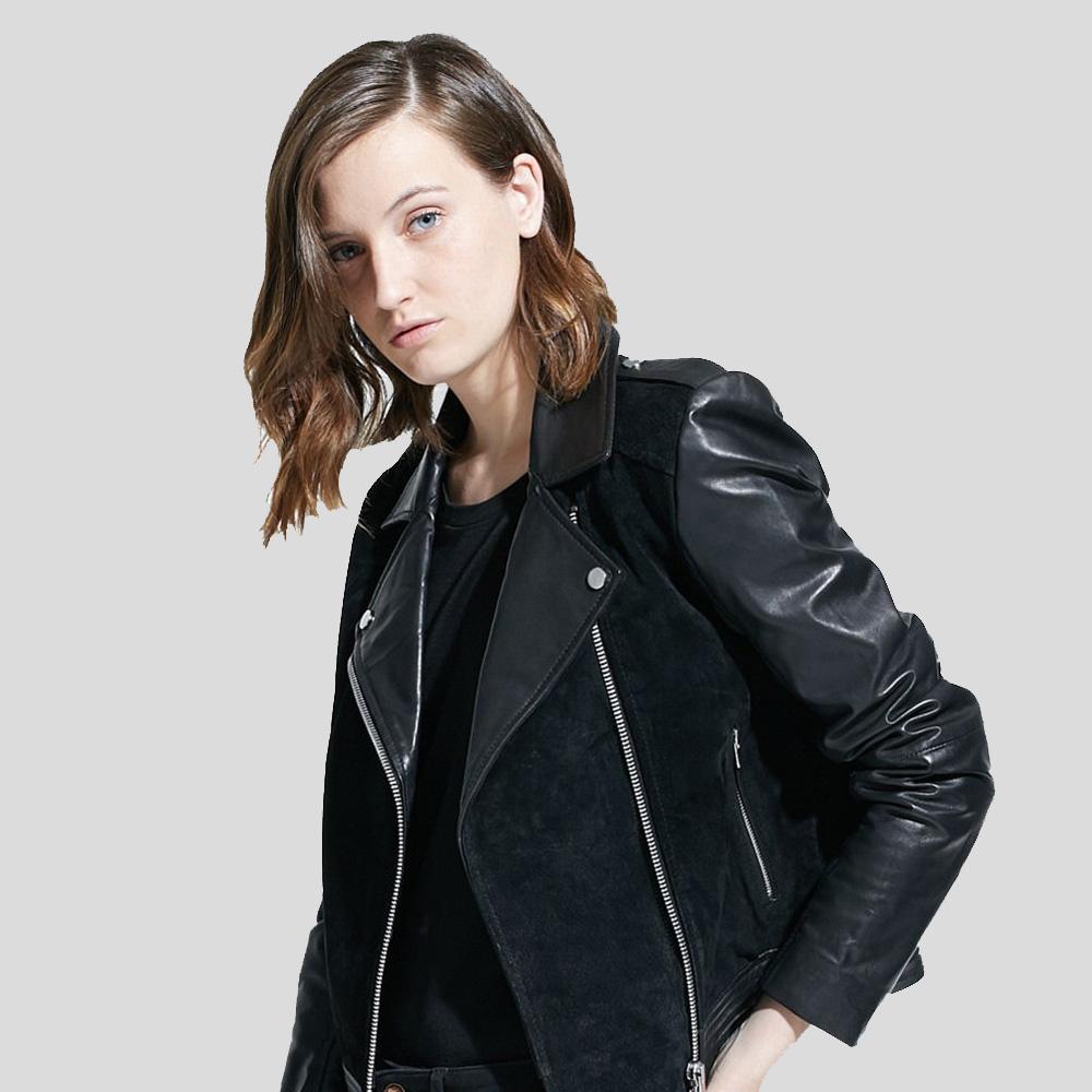 Mia Black Biker Leather Jacket - Shearling leather