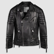 Load image into Gallery viewer, Black Biker Leather Motorcycle Jacket For Men Quilted Style
