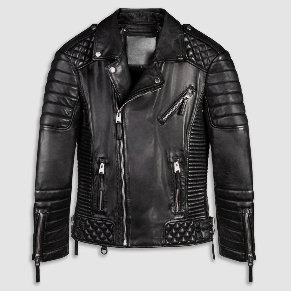 Black Biker Leather Motorcycle Jacket For Men Quilted Style