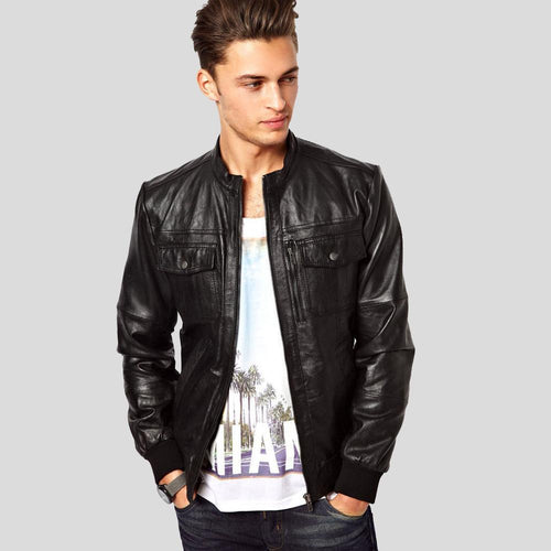 Reggie Black Bomber Leather Jacket - Shearling leather