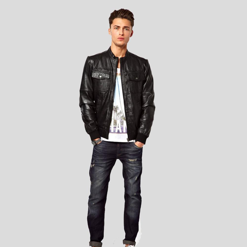 Reggie Black Bomber Leather Jacket - Shearling leather