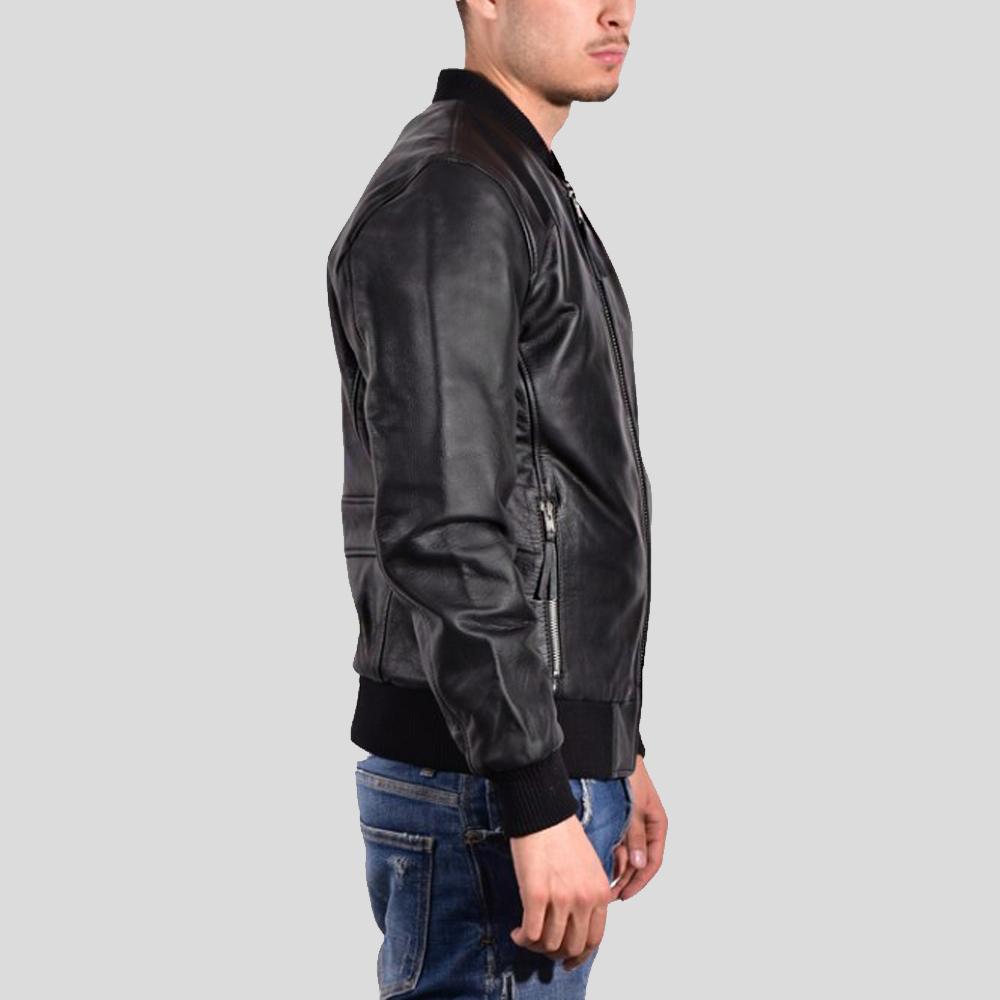 Bran Black Bomber Leather Jacket - Shearling leather