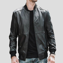 Load image into Gallery viewer, Fritz Black Bomber Leather Jacket - Shearling leather
