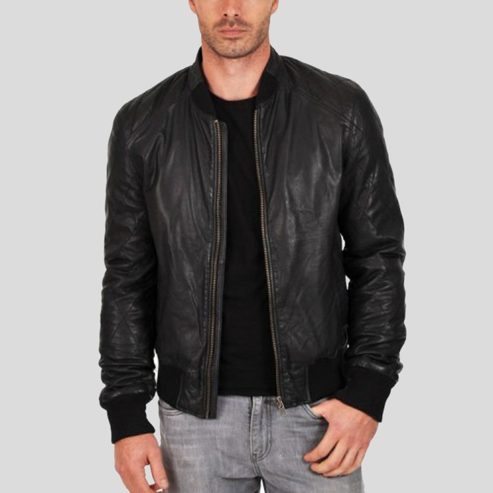 Jero Black Bomber Lambskin Leather Jacket - Shearling leather