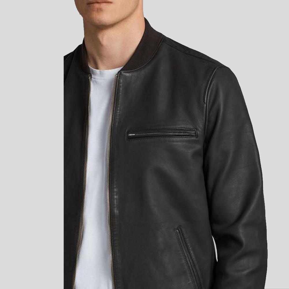 Josa Black Bomber Leather Jacket - Shearling leather