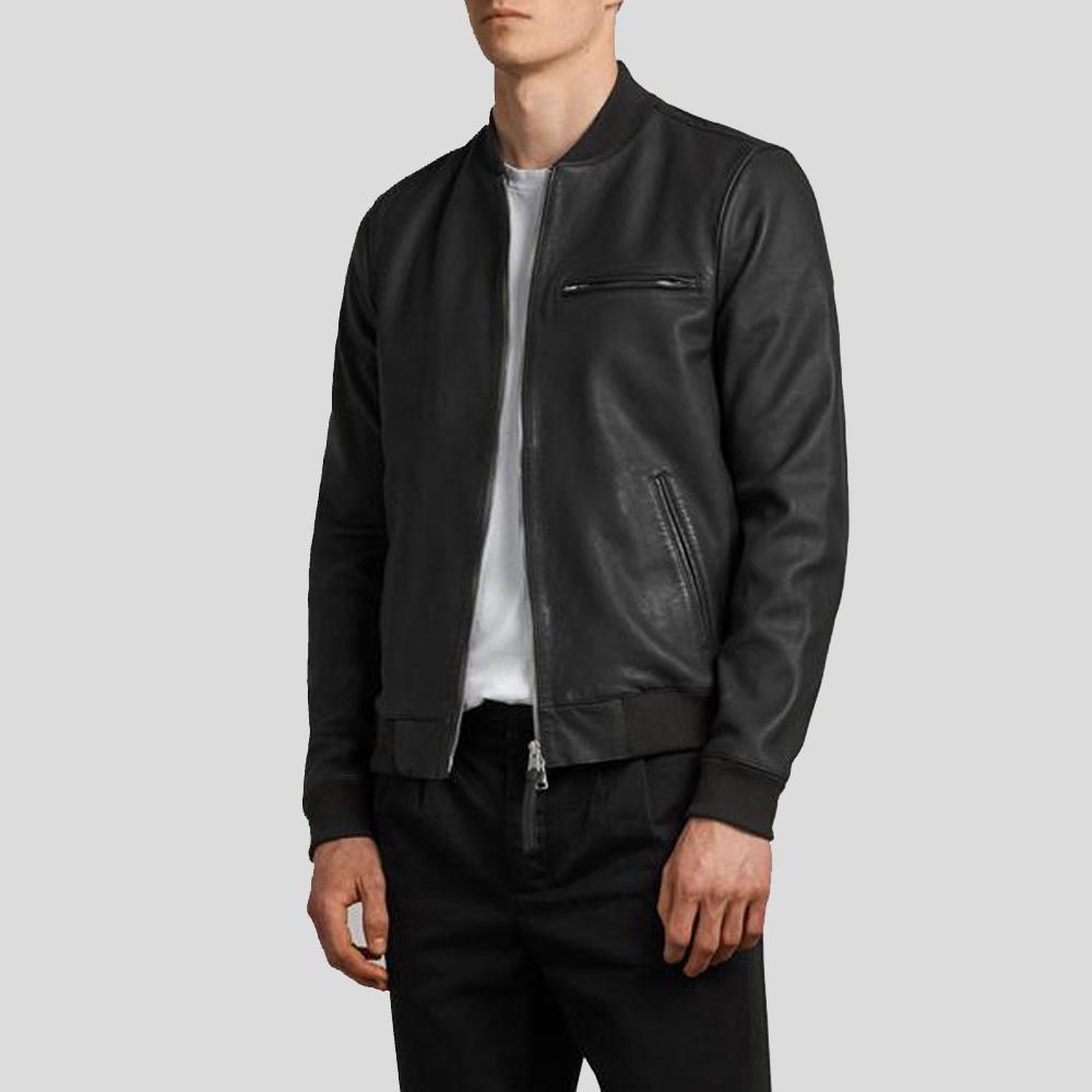 Josa Black Bomber Leather Jacket - Shearling leather