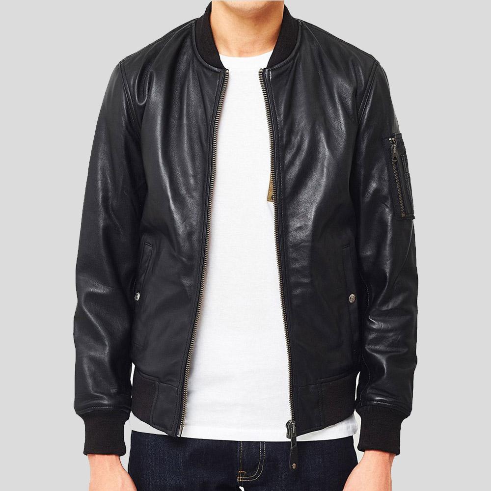 Leon Black Bomber Genuine Leather Jacket - Shearling leather