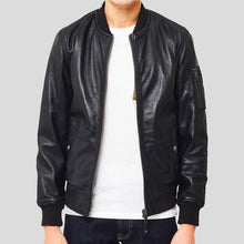 Load image into Gallery viewer, Leon Black Bomber Genuine Leather Jacket - Shearling leather
