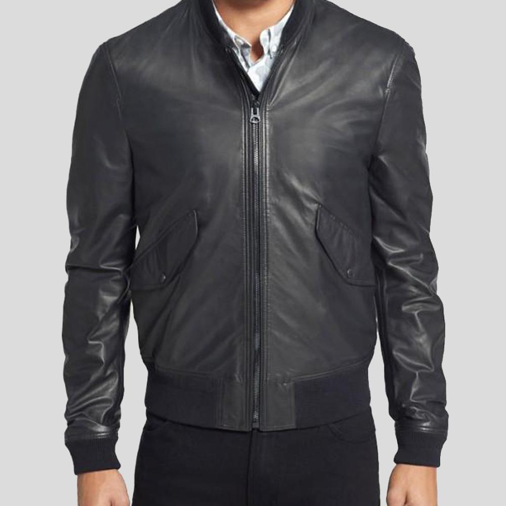 Lymo Black Bomber Leather Jacket - Shearling leather