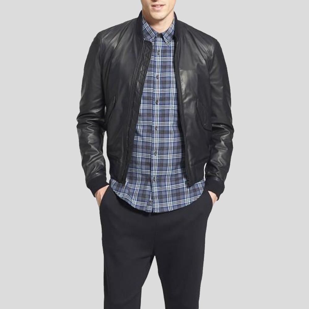 Lymo Black Bomber Leather Jacket - Shearling leather