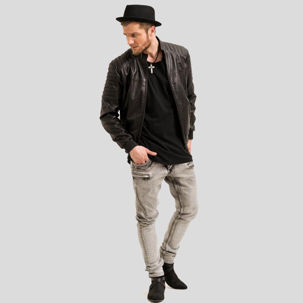Mosh Black Bomber Leather Jacket - Shearling leather