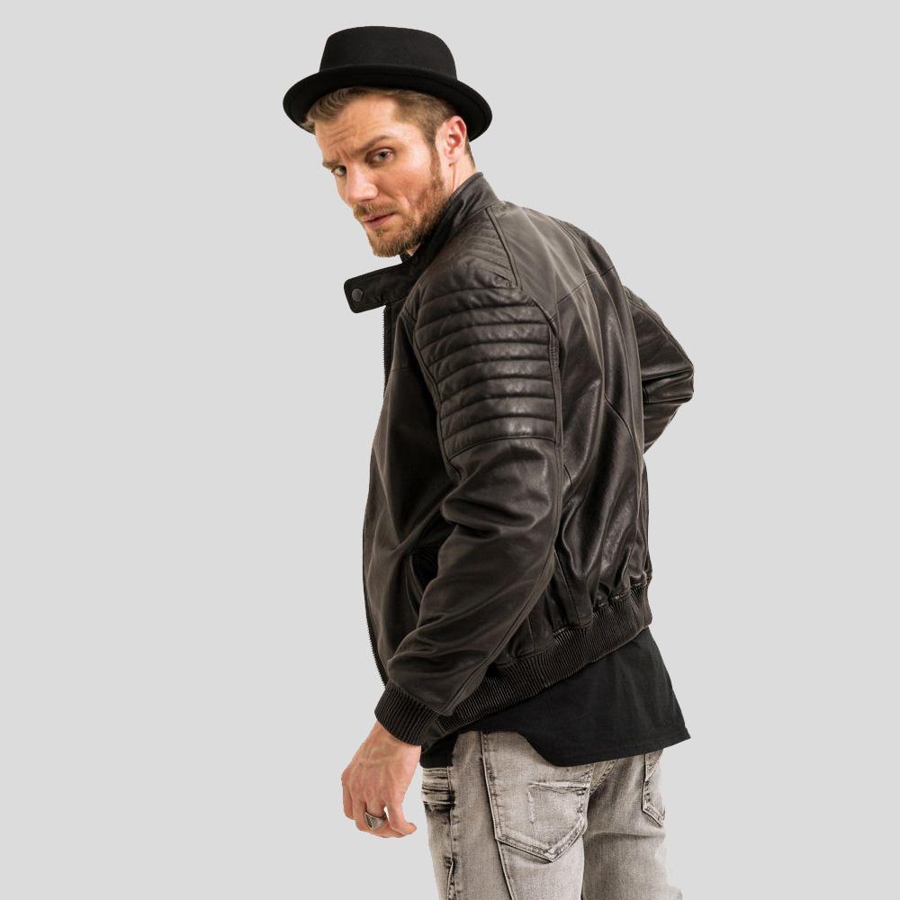 Mosh Black Bomber Leather Jacket - Shearling leather