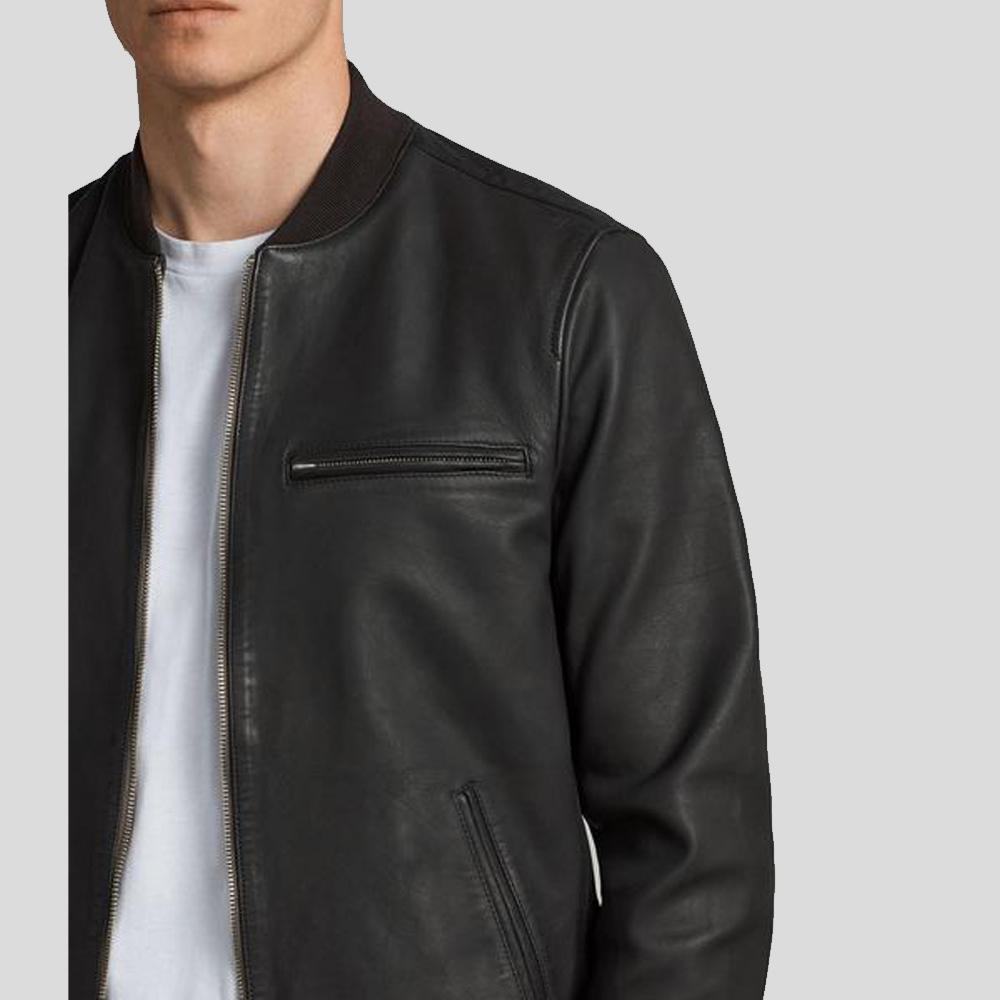 Porf Black Bomber Leather Jacket - Shearling leather