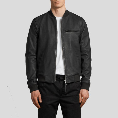 Porf Black Bomber Leather Jacket - Shearling leather