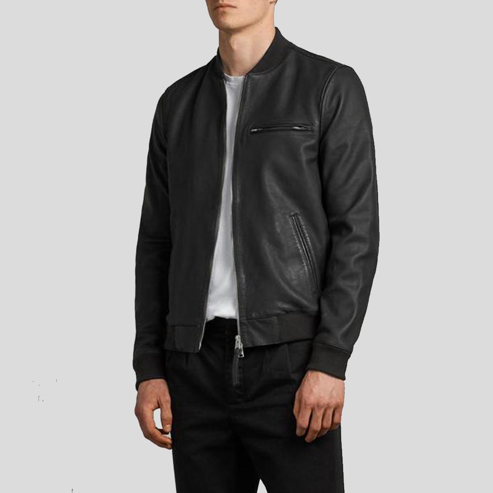 Porf Black Bomber Leather Jacket - Shearling leather
