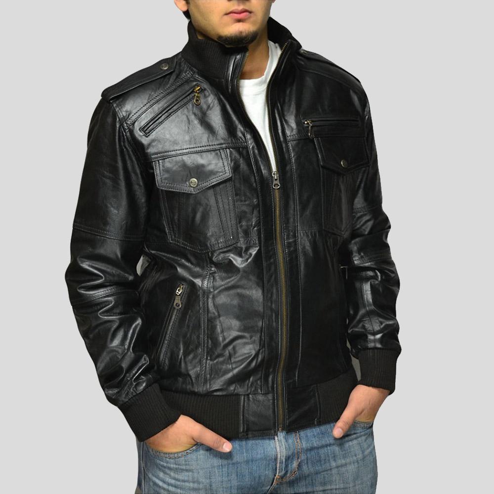 Sang Black Bomber Leather Jacket - Shearling leather