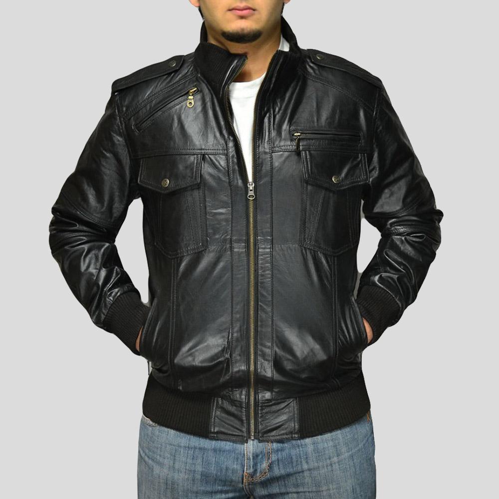 Sang Black Bomber Leather Jacket - Shearling leather