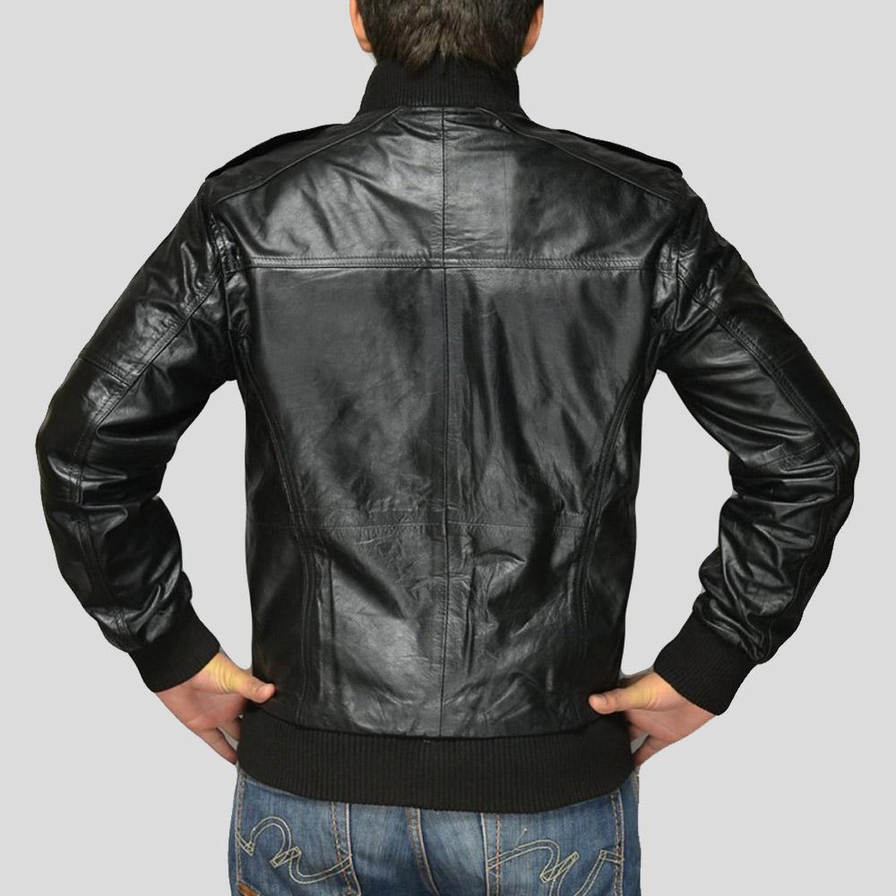 Sang Black Bomber Leather Jacket - Shearling leather