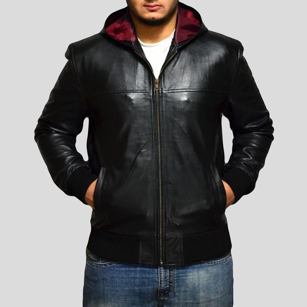Shane Black Bomber Leather Jacket Hooded - Shearling leather