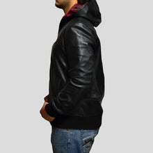 Load image into Gallery viewer, Shane Black Bomber Leather Jacket Hooded - Shearling leather
