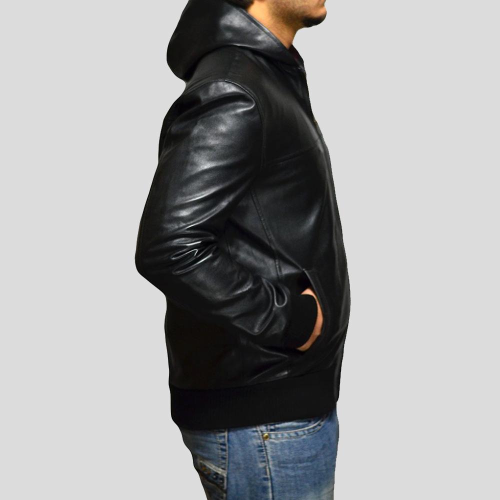 Shane Black Bomber Leather Jacket Hooded - Shearling leather