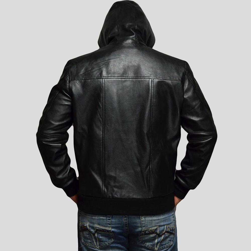 Shane Black Bomber Leather Jacket Hooded - Shearling leather