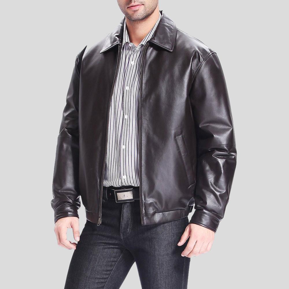 Shaw Black Bomber Leather Jacket - Shearling leather