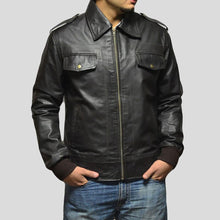 Load image into Gallery viewer, Willy Black Bomber Leather Jacket - Shearling leather
