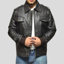 Load image into Gallery viewer, Willy Black Bomber Leather Jacket - Shearling leather
